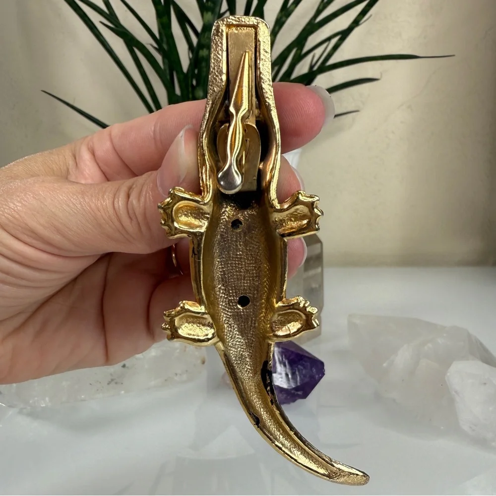 Vintage Gold Tone Metal & Black Alligator / Crocodile Clip - Picture 11 of 15